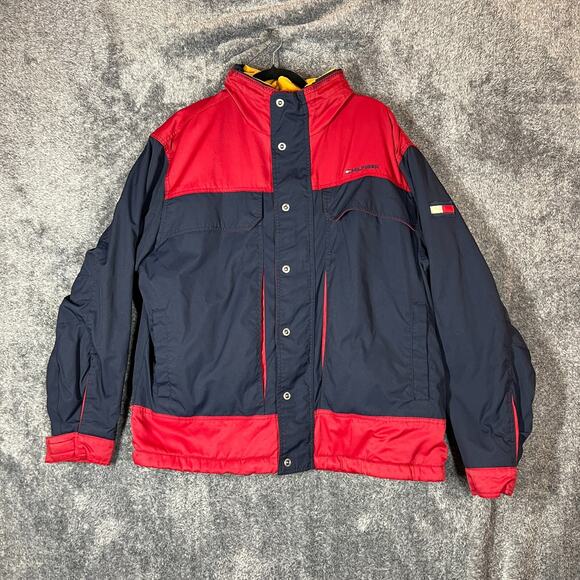 Tommy Hilfiger Jacket Mens XL Colorblock Blue Red Mock Neck y2k Fleece Lined - Picture 1 of 7